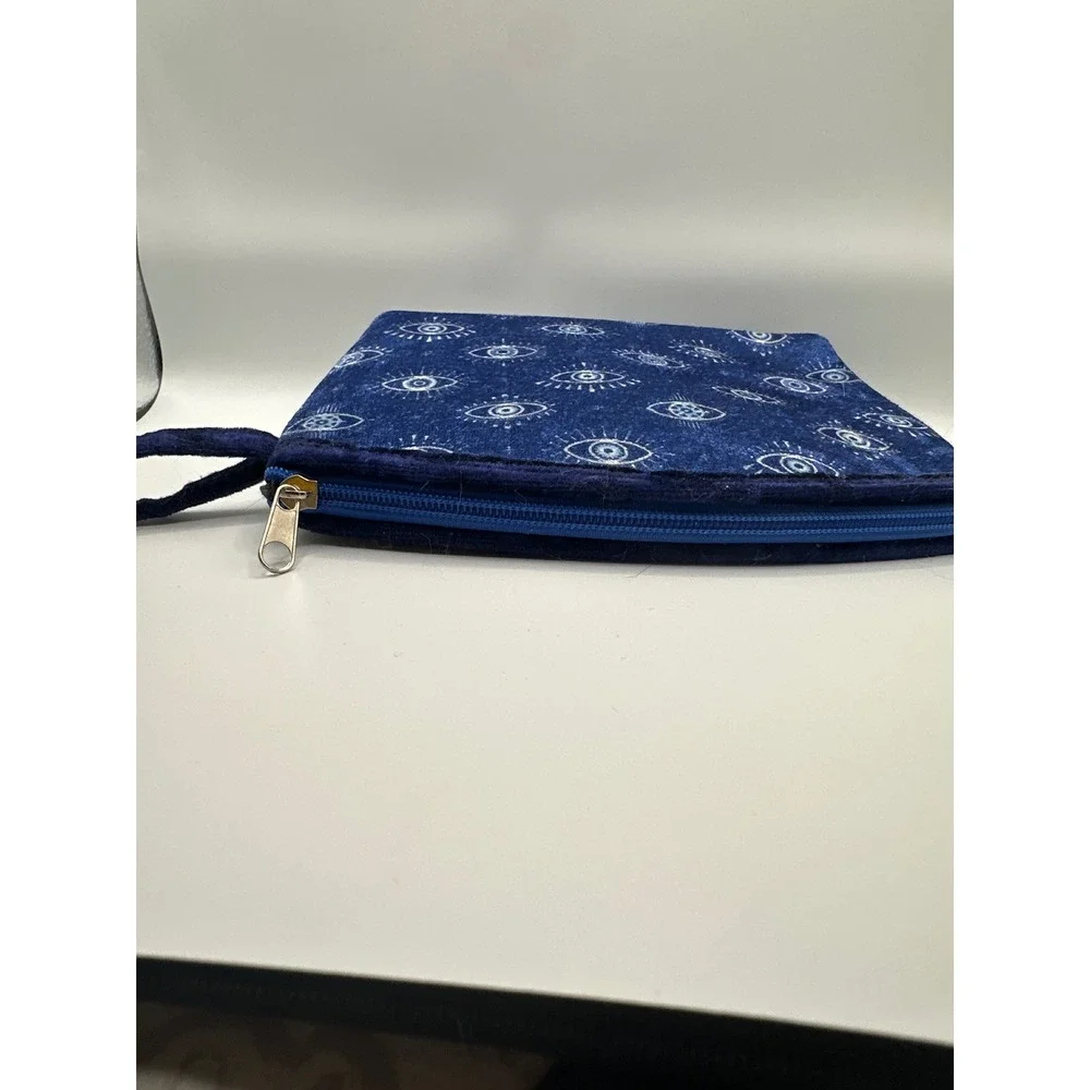 Handmade Evil Eye Wristlet Pouch Navy Blue Mystical Makeup Bag Travel Clutch